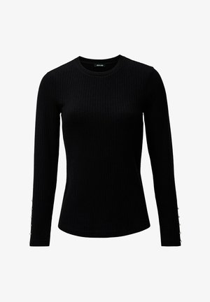 Camiseta de manga larga negra con cuello redondo. Presenta botones decorativos similares a perlas a lo largo de las mangas. Fabricada en un material suave y elástico.