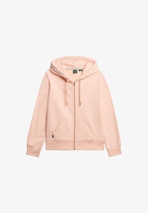 Lichtroze zip-up hoodie van zacht materiaal, voorzien van een voorzak, een capuchon met koordjes en gouden hardware accenten.