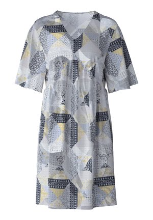 Short-sleeve dress with a V-neck, featuring a patchwork design in gray, black, and yellow with floral and geometric patterns.