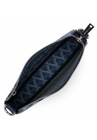 Pochette zippée bleu marine avec un motif intérieur géométrique, matériel de fermeture éclair métallique et anneau pour attache. Extérieur texturé.