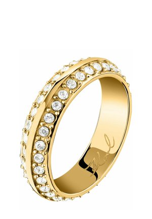 Goldring mit zwei Reihen eingelassener runder klarer Edelsteine, polierte Innenseite mit einer Gravur.