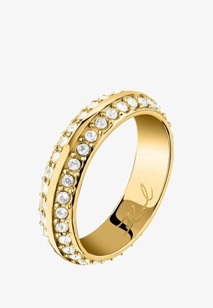 Bague en or avec deux rangées de pierres précieuses rondes claires incrustées, bande intérieure polie gravée d'une signature.