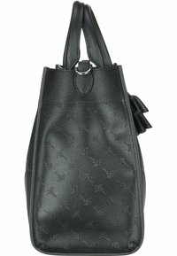 Czarna skórzana torebka o teksturowanym wykończeniu, z podwójnymi uchwytami i dekoracyjną kokardą. Kompaktowy, kątowy kształt z wytłaczanym detalem.