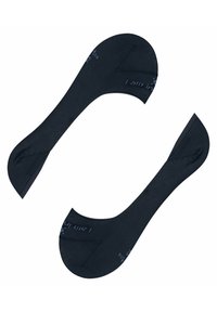 Marineblauwe lage sokken met een gladde textuur en versterkte teen. Bevat bedrukt tekst, "Ik doe mee," aan de buitenkant.
