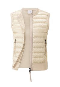 Hellbeige gesteppte Weste mit ärmellosem Design, Reißverschluss, seitlichen Taschen und gerippten Abschlüssen. Glatte Nylon-Oberfläche mit abgestepptem Muster.