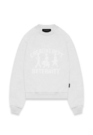 Grau geschnittenes Sweatshirt mit Rundhalsausschnitt, das einen weißen grafischen Aufdruck mit den Aufschriften "CREATIVE DEPT" und "RETERNITY" trägt. Weiche Textur, gerippte Bündchen.