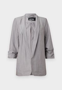 Blazer gris avec col châle et manches retroussées. Tissu lisse avec une texture subtile, présentant un devant ouvert sans fermetures.