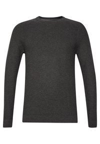Maglione grigio scuro realizzato in tessuto morbido, con scollatura a girocollo classica, maniche lunghe e polsini e fondo a costine. Design semplice senza motivi.