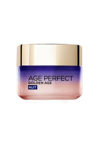 Bocal en verre avec un dégradé du doré au violet et rose, doté d'un couvercle doré. Le texte comprend "AGE PERFECT" et "GOLDEN AGE NUIT" en noir.