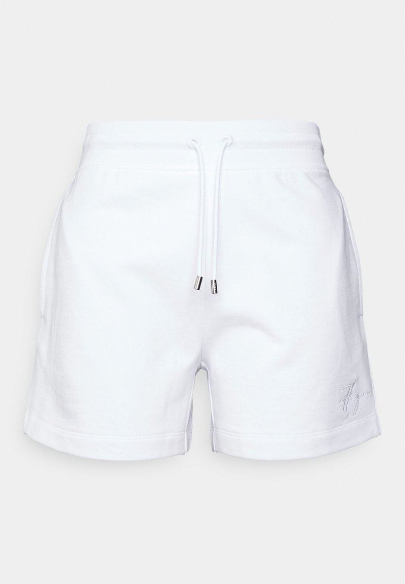 Shorts en coton blanc avec cordon de serrage à l'avant, poches latérales, ourlets retournés et logo brodé discret sur le bas de la jambe gauche.