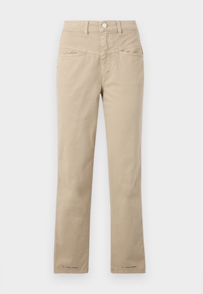 Beige cotton pants with a straight-leg design, featuring a front button closure, two front pockets, and subtle stitching details.
