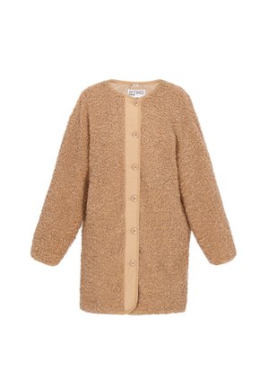 Langärmliger, beigefarbener Teddy-Fleece-Mantel mit runder Ausschnitt und knopflosem Verschluss in der Mitte.