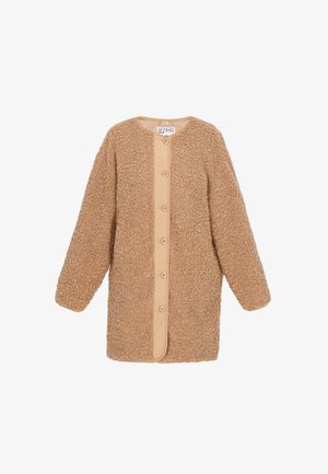 Ilgų rankovių tan spalvos meškino fleecinės striukės su apvalia iškirpte ir priekyje esančia mygtukų uždarymo sistema.