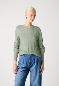 Svetlo zeleni pleteni pulover z teksturirano valovno vzorcem in rebrastimi manšetami. Oblečen z ohlapnimi modrimi jeans hlačami.