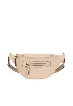 Beige leather waist bag with adjustable strap, front zip pocket, and gold-tone zipper pulls on a white background.