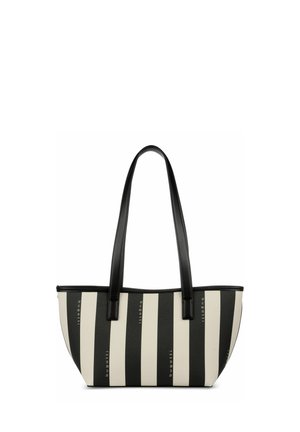 Black and white vertical striped tote bag with long black handles, featuring the brand name "bugatti" on alternating stripes.