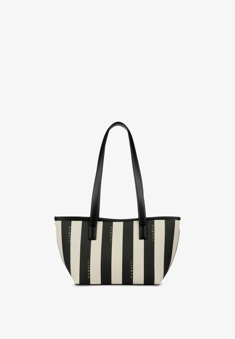 Sac fourre-tout à rayures verticales noires et blanches avec de longues poignées noires, arborant le nom de la marque "bugatti" sur les rayures alternées.