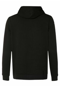 Felpa nera realizzata in morbido tessuto, dotata di cappuccio, maniche lunghe, polsini e orlo a costine, texture liscia e design minimalista.