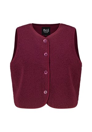 Gilet en polaire bordeaux avec une texture douce, col rond, et fermeture à cinq boutons. Sans manches, avec un ourlet droit.
