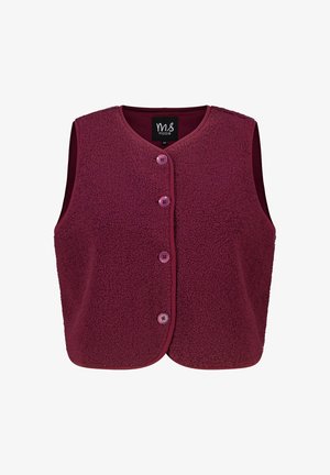 Gilet en polaire bordeaux avec une texture douce, col rond, et fermeture à cinq boutons. Sans manches, avec un ourlet droit.