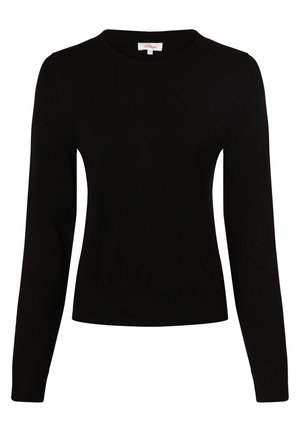 Schwarzer Pullover mit langen Ärmeln und rundem Ausschnitt. Hergestellt aus einem glatten, weichen Material, mit einer taillierten Passform und minimaler Nahtgestaltung.