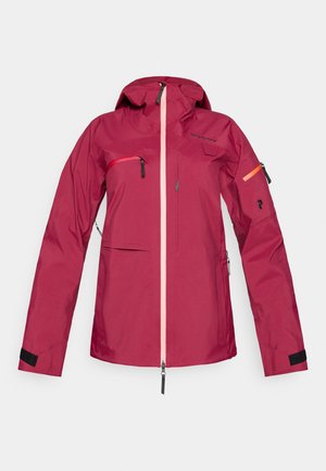 Veekindel punane kapuutsiga jakk, millel on roosa tõmblukk, lukuga rinnataskud ja varrukataskud, takjakinnitusega mansetid ning logo detail varrukal.