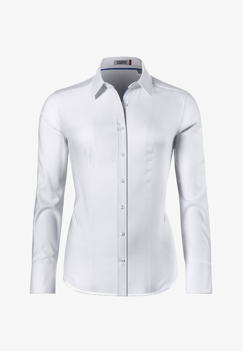 Chemise blanche à manches longues en tissu lisse, dotée d'une fermeture à bouton sur le devant, d'un col pointu et de détails subtils sur les coutures latérales.