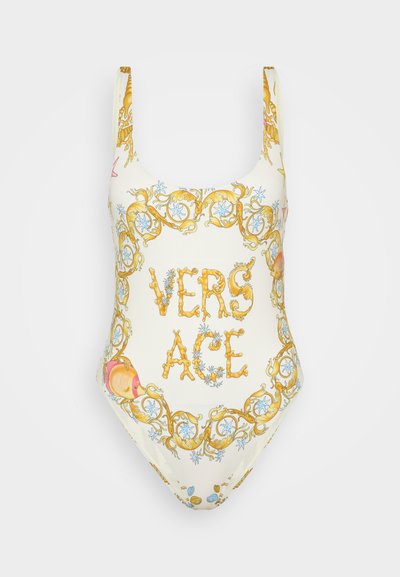 White one-piece swimsuit featuring gold baroque-style trim, blue floral accents, and the brand name "VERSACE" in textured orange lettering.