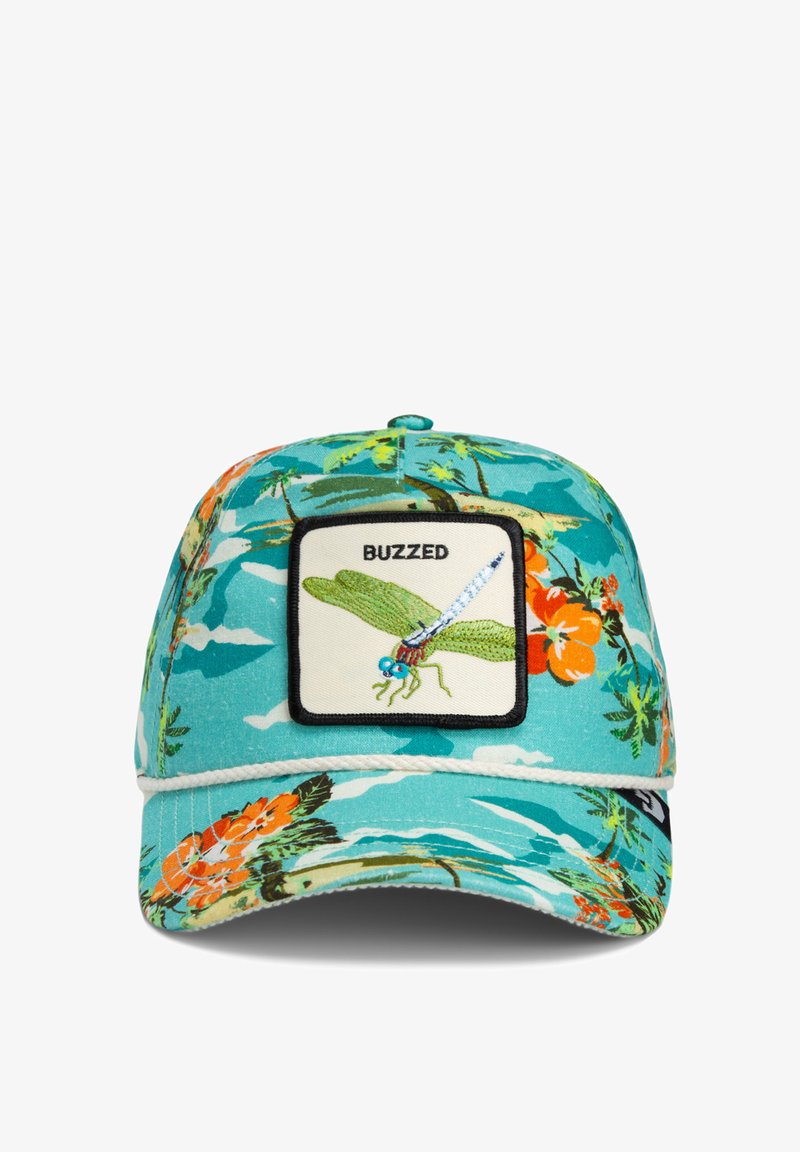 Turkusowa czapka baseballowa z kwiatowymi wzorami, z kwadratową naszywką z napisem "BUZZED" i zieloną ważką.
