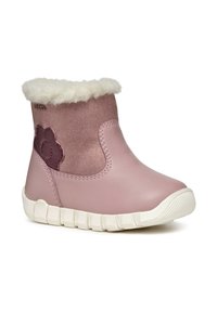 Stivale alla caviglia impermeabile rosa con fodera in pelliccia sintetica, texture in pelle liscia e scamosciata, valorizzato da un design floreale sul lato e suola in gomma.