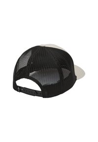 Sort mesh trucker cap med lysegrå frontpanel og flad skygge, med justerbar snapback lukning bagpå.