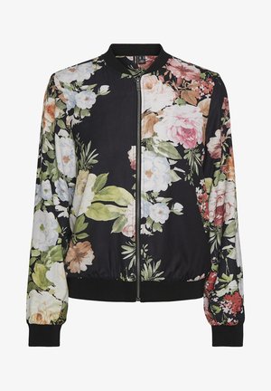 Svart zip-up bomberjacka med ribbad krage och muddar, med ett flerfärgat blommönster i rosa, vitt, orange och gröna blad.