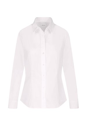 White long-sleeve button-up shirt in cotton. Features a classic collar, fitted design, and six front buttons with a smooth texture.