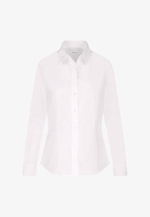 Witte lange mouwen blouse van katoen met knoopsluiting. Heeft een klassieke kraag, een getailleerd model en zes knopen aan de voorkant met een gladde textuur.