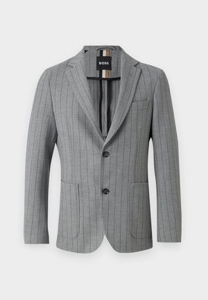 Light grey blazer with vertical pinstripes, two front pockets, peak lapels, two buttons, and a label inside featuring brand colors.