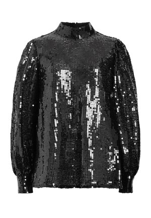 Black long-sleeve blouse featuring a high collar, embellished with sequins, creating a shiny, textured surface.