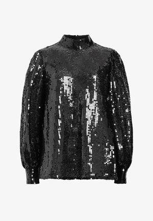 Blusa preta de manga longa com gola alta, adornada com lantejoulas, criando uma superfície brilhante e texturizada.