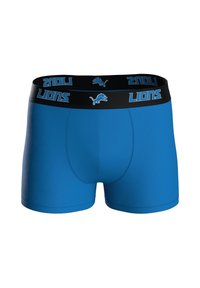 Męskie bokserki wykonane z jednolitego niebieskiego materiału, z czarną gumą w pasie ozdobioną napisem „LIONS” i niebieskim logo lwa. Miękki, elastyczny materiał zapewniający komfort.