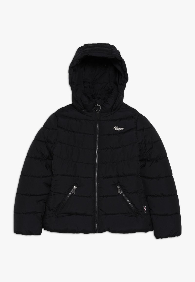 Veste doudoune noire avec capuche, arborant un motif matelassé, deux poches zippées et une fermeture à glissière sur le devant. Logo argenté sur la poitrine.