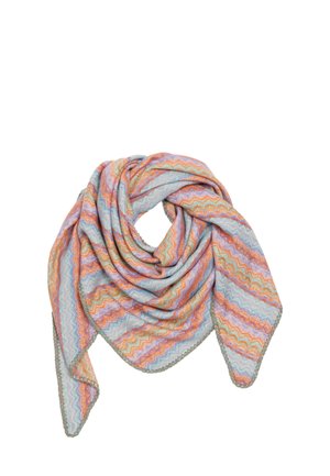 Multi-colored scarf featuring a zigzag pattern in pastel hues of blue, pink, and orange, made from a soft, textured fabric with a scalloped edge.