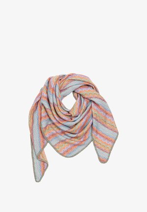 Multi-colored scarf featuring a zigzag pattern in pastel hues of blue, pink, and orange, made from a soft, textured fabric with a scalloped edge.
