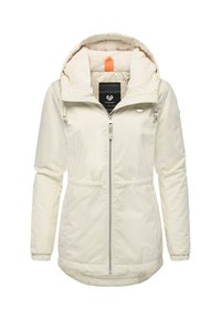 Kremfarget isolert jakke med glidelås foran, justerbar hette og myk fôring på innsiden. Har elastiske mansjetter og innsnevret midje.