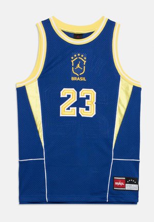 Tricou de baschet albastru cu margini galbene, numărul alb 23, textul „BRASIL” și logo-ul Jordan cu cinci stele deasupra acestuia.