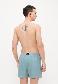 Men's swim trunks in aqua and white stripe pattern, elastic waistband, back pocket, and a black brand label on the waistband.