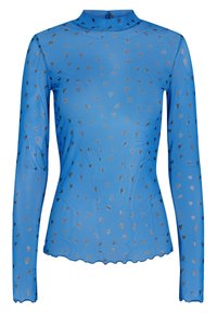 Sininen, pitkähihainen paita läpikuultavasta kankaasta, jossa on hajallaan metallinhohtoisia hopeisia sydämen kuvioita ja korkea kaula-aukko. Reunoilla on aallotettu helma.