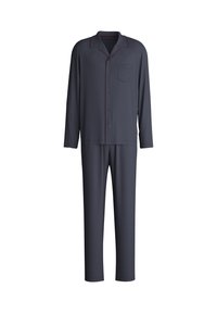 Marineblauwe pyjama's met een knoopsluiting, lange mouwen, een zak en contrasterende bordeauxrode piping, gecombineerd met bijpassende taps toelopende broek.