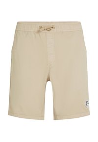 Beige casual shorts with elastic waistband, drawstring tie, side pockets, and small circular logo patch near hem on right leg.