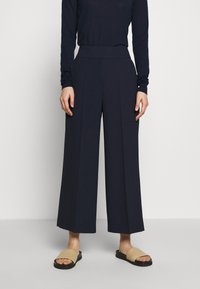 Marinblå vida byxor med hög midja, med skarpa veck och en mjuk textur. Kombineras med beige glidsandaler.