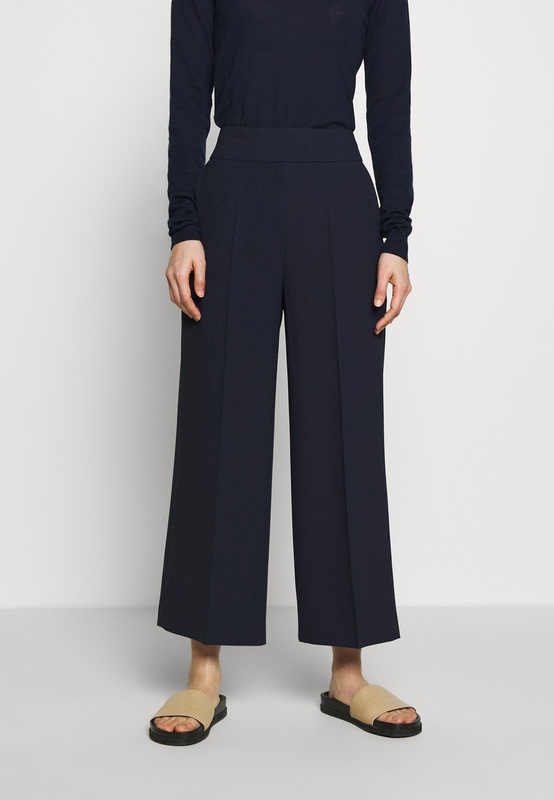 Marinblå vida byxor med hög midja, med skarpa veck och en mjuk textur. Kombineras med beige glidsandaler.