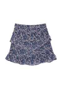 Blaues Rock mit floralem Druck, Rüschenschichten, elastischem Taillenbund und leichtem Stoff, der einen pastellfarbenen Grund mit dunkleren floralen Akzenten aufweist.